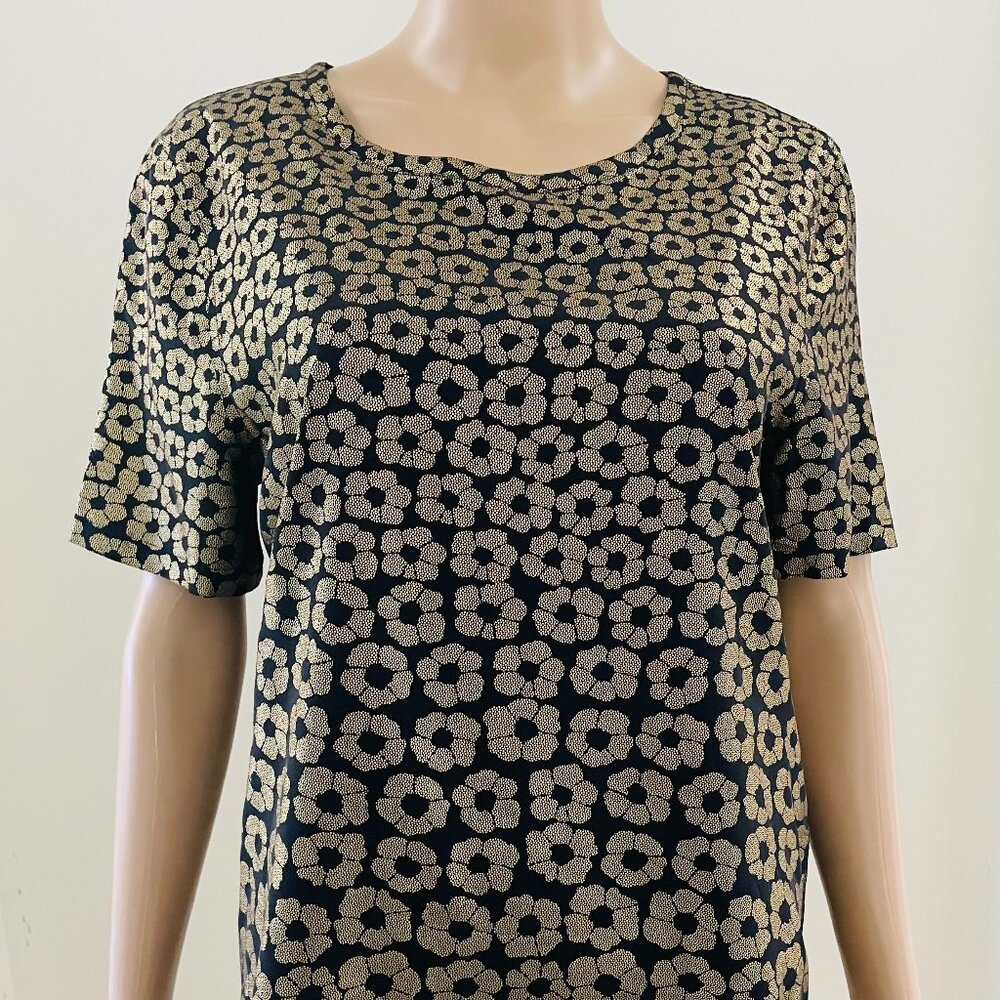 Equipment Femme FAB! 'Riley' Metallic Floral 100% Silk Tee in Black/Gold  Sz S/P